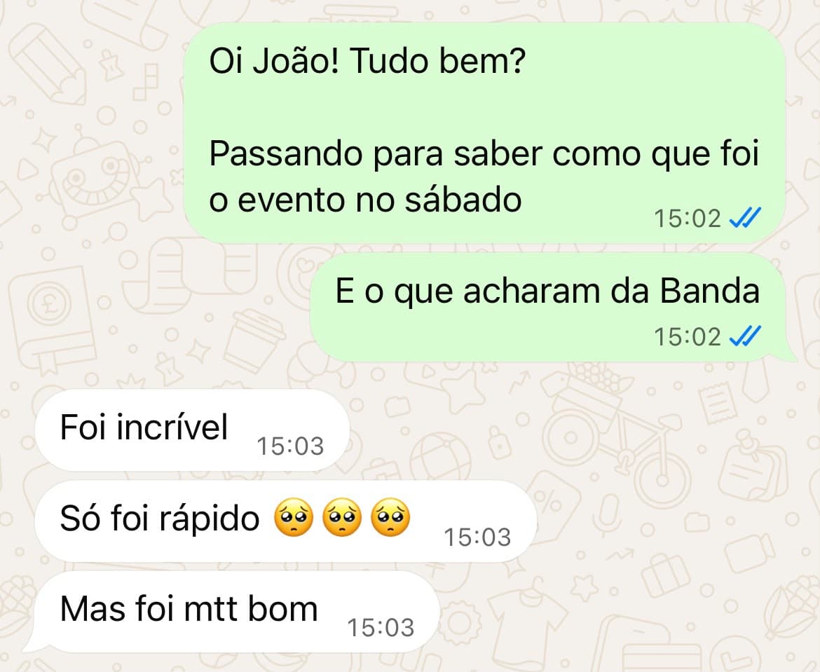 Mensagem de quem contratou uma banda pela eshows